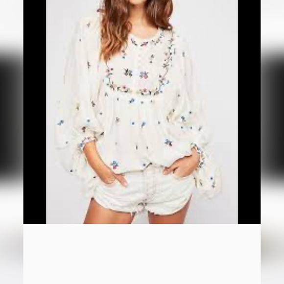 Free People White Blouse with Floral Embroidery & Balloon Sleeves | Size Small - Picture 3 of 6